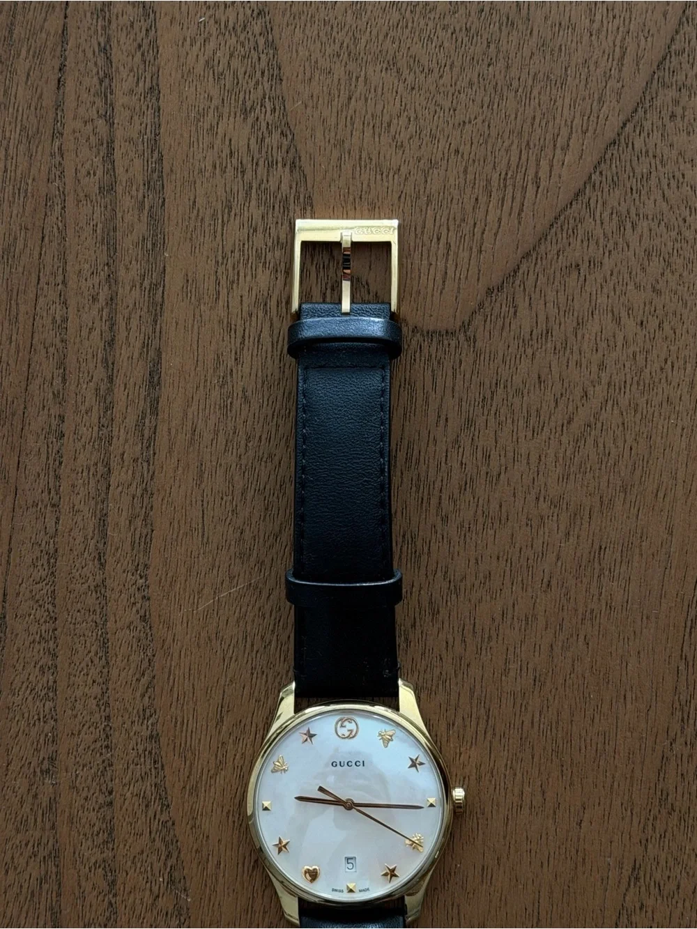 Gucci Black Leather Strap Gold-Tone Case Watch with Mother-of-Pearl Dial
